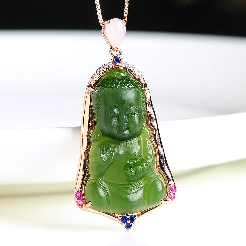 Natural Jade Pendant Nephrite Silver Buddha Baby Pendant PT164