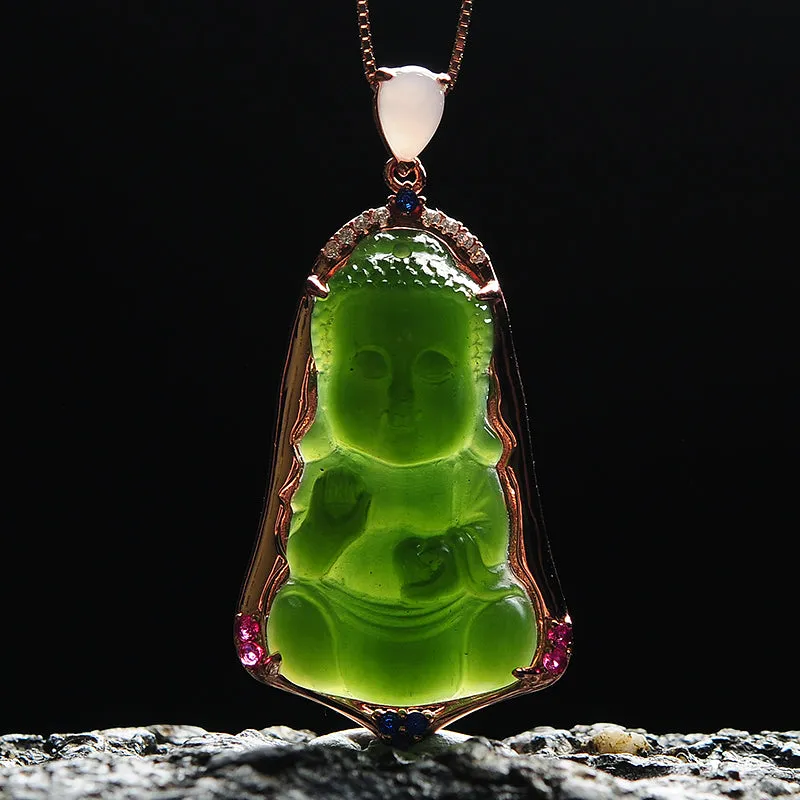 Natural Jade Pendant Nephrite Silver Buddha Baby Pendant PT164