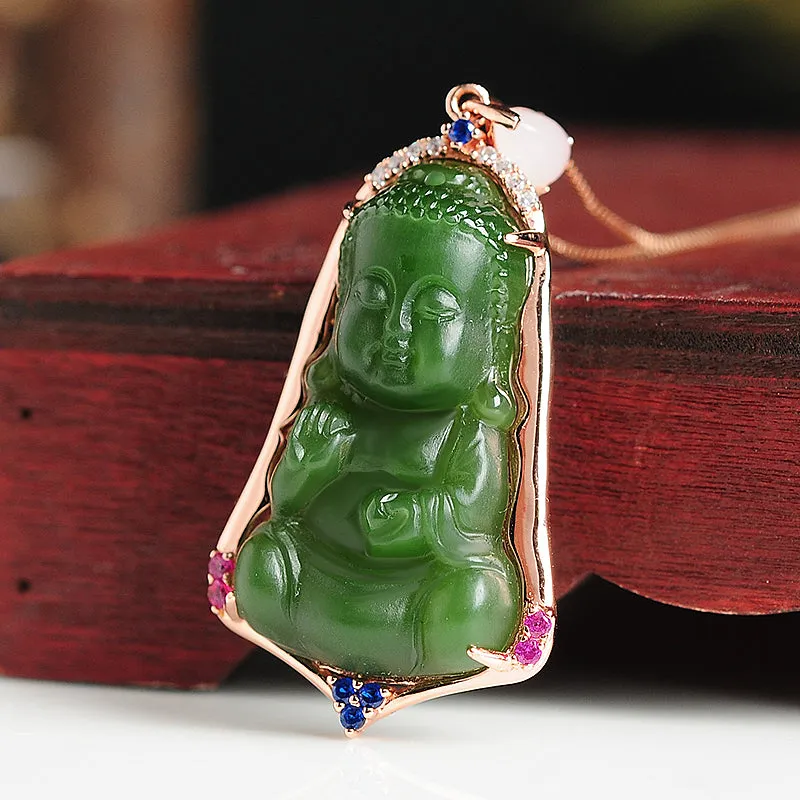 Natural Jade Pendant Nephrite Silver Buddha Baby Pendant PT164