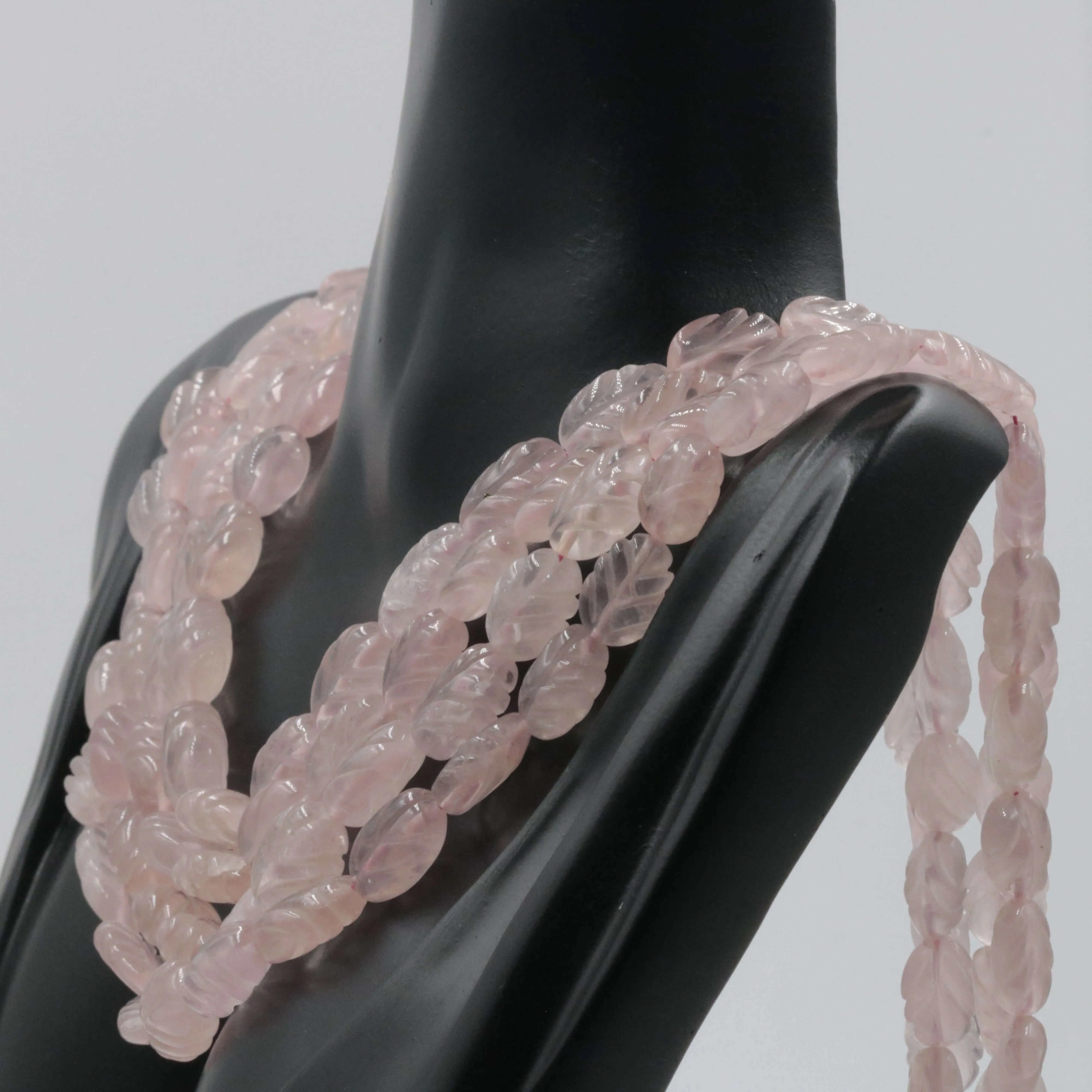 Natural Rose Quartz Carved Gemstone Leaf Design Beaded Necklace Rose Quartz Carved Beaded Gemstone Necklace SKU: 6142724, 6142725