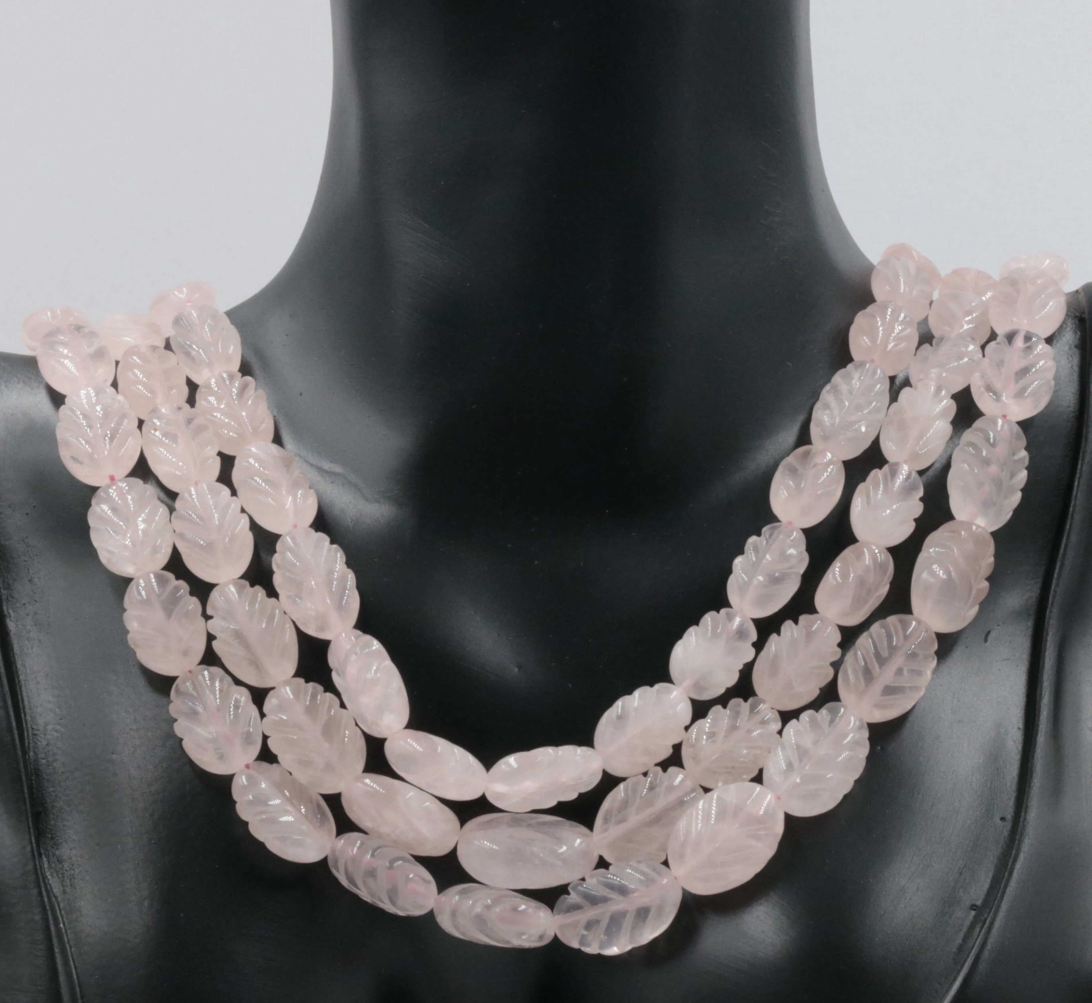 Natural Rose Quartz Carved Gemstone Leaf Design Beaded Necklace Rose Quartz Carved Beaded Gemstone Necklace SKU: 6142724, 6142725