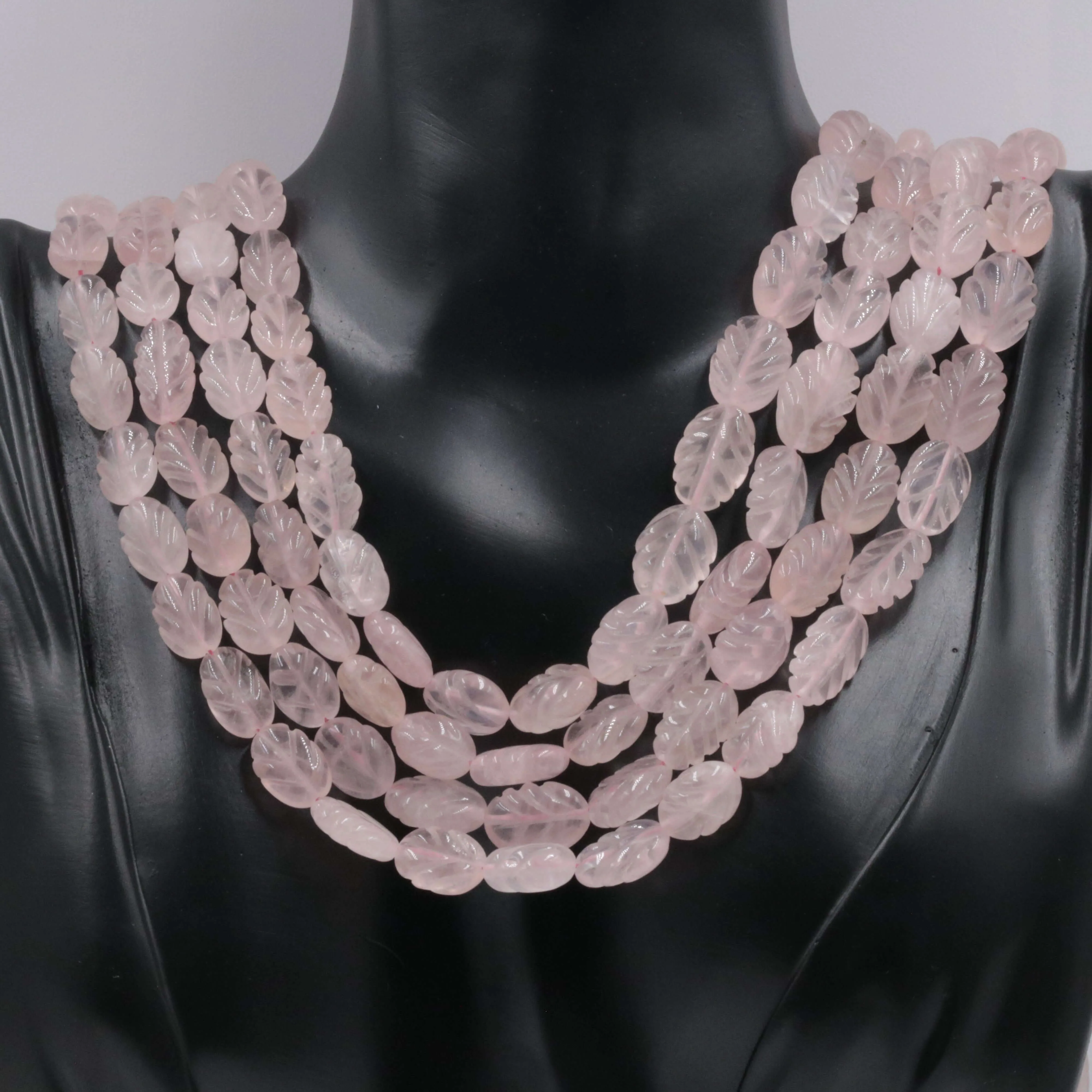 Natural Rose Quartz Carved Gemstone Leaf Design Beaded Necklace Rose Quartz Carved Beaded Gemstone Necklace SKU: 6142724, 6142725