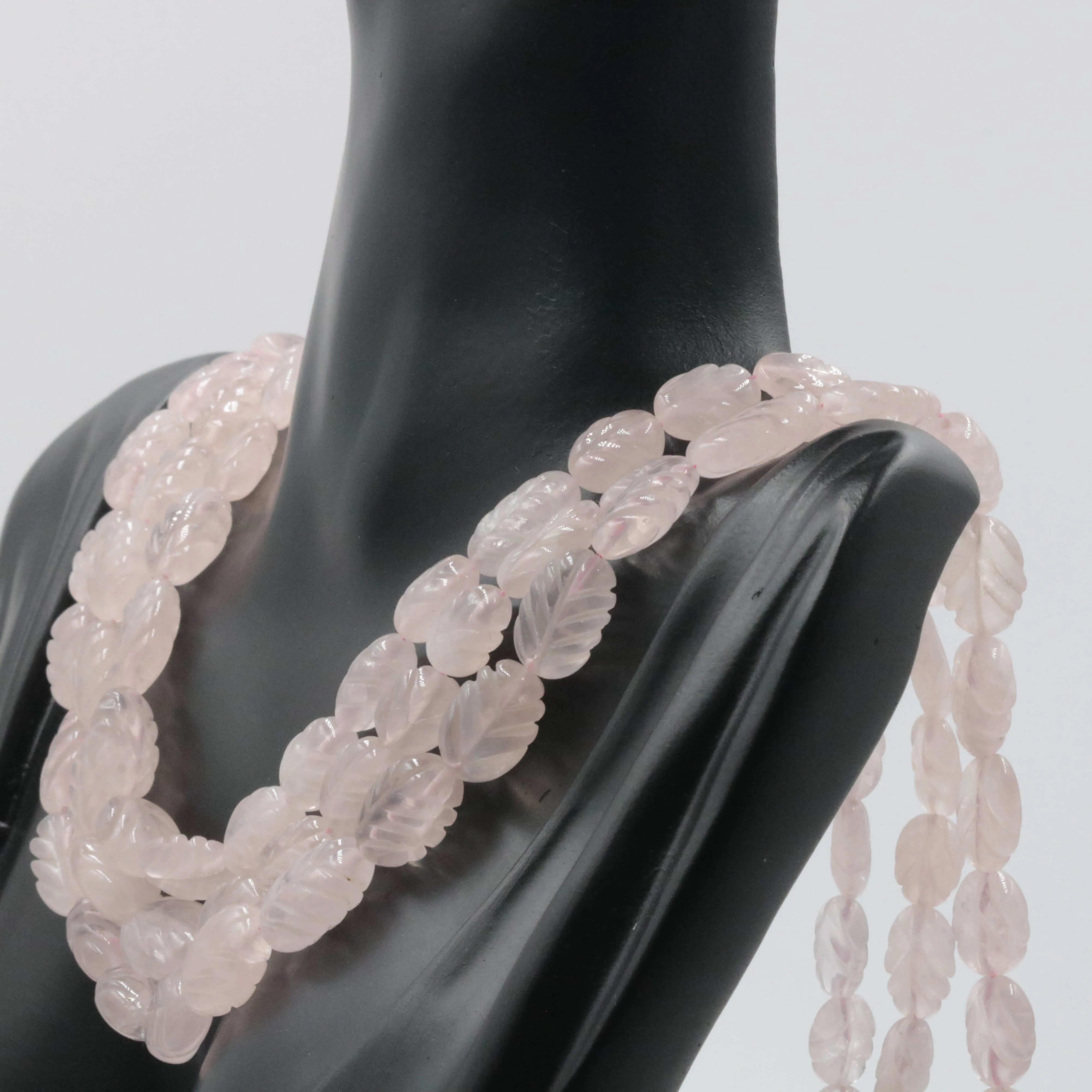 Natural Rose Quartz Carved Gemstone Leaf Design Beaded Necklace Rose Quartz Carved Beaded Gemstone Necklace SKU: 6142724, 6142725