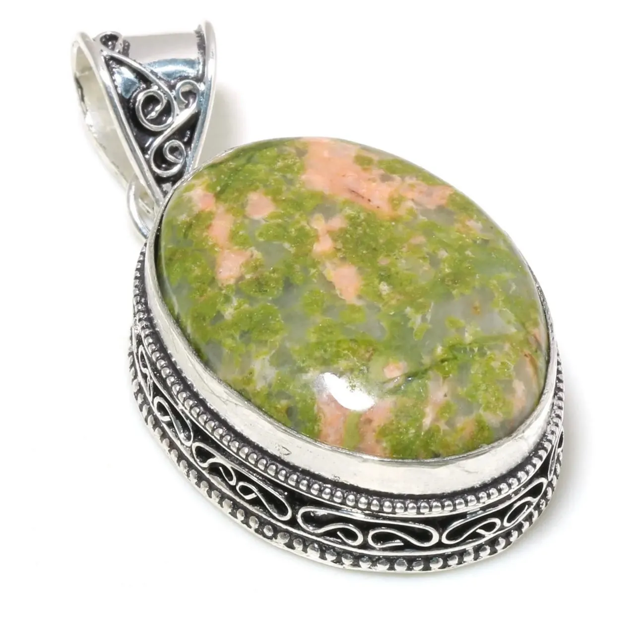 Natural Unakite Gemstone Sterling Silver Pendant 2.58"