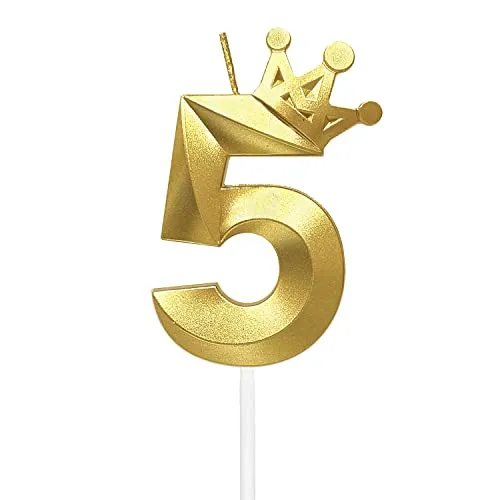 Number 5 Birthday Candle 3D Crown Designed Cake Topper Decorations for Five Years Old Happy Birthday Candles Anniversaries (Crown-5, Gold)