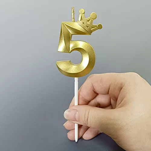 Number 5 Birthday Candle 3D Crown Designed Cake Topper Decorations for Five Years Old Happy Birthday Candles Anniversaries (Crown-5, Gold)