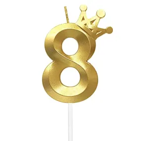 Number 8 Birthday Candle 3D Crown Designed Cake Topper Decorations for Eight Year Old Happy Birthday Candles Anniversaries (Crown-8, Gold)