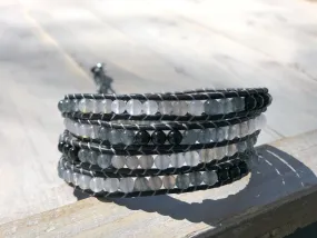 Ombre Black and White Gemstone 4x Wrap Bracelet, Onyx, Jade, Agate beaded bracelet