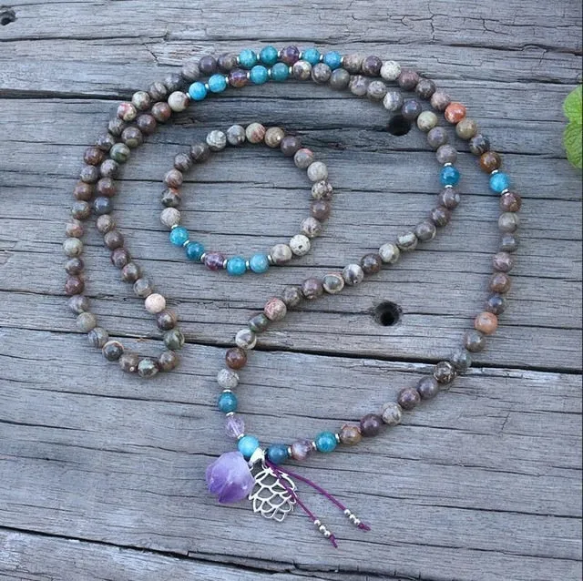 Onyx, Apatite & Amethyst Pine Cone Bracelet/Necklace/Mala Set