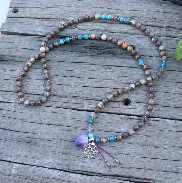 Onyx, Apatite & Amethyst Pine Cone Bracelet/Necklace/Mala Set