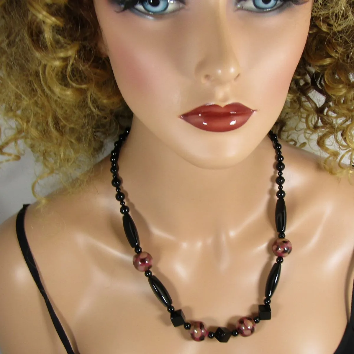 Onyx Necklace With Fair Trade Kazuri Bead Accents & Earrings