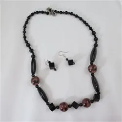 Onyx Necklace With Fair Trade Kazuri Bead Accents & Earrings