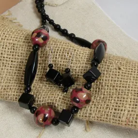 Onyx Necklace With Fair Trade Kazuri Bead Accents & Earrings