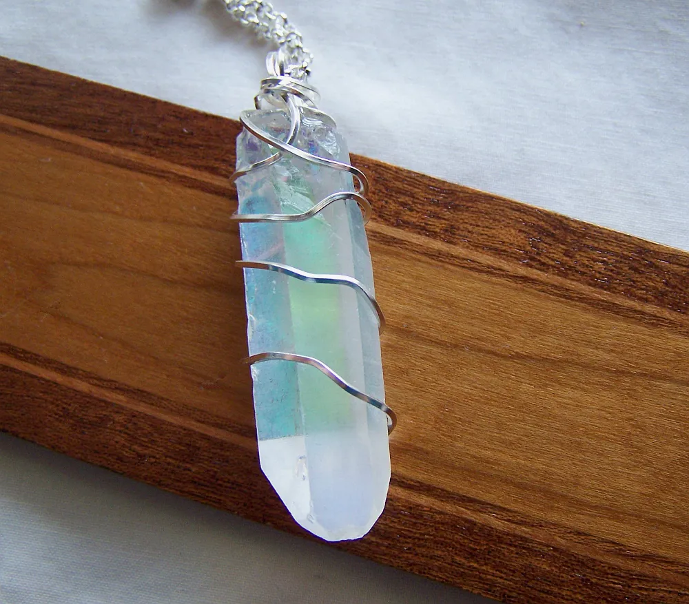 Opal Aura Large Quartz Crystal Point Wire Wrapped Pendant Necklace