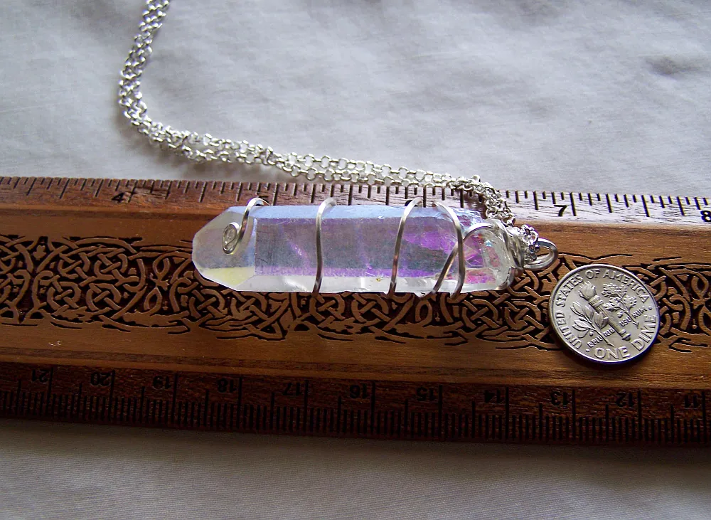 Opal Aura Large Quartz Crystal Point Wire Wrapped Pendant Necklace