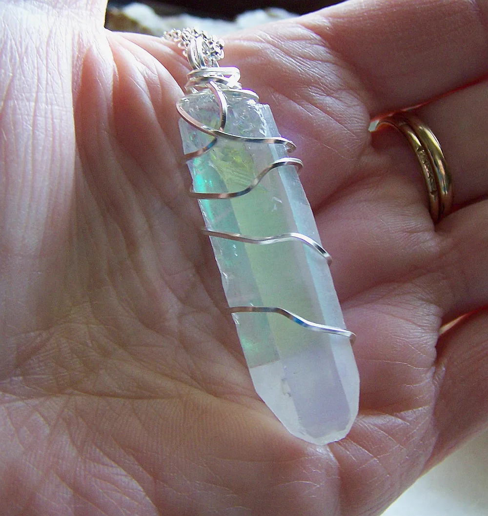 Opal Aura Large Quartz Crystal Point Wire Wrapped Pendant Necklace