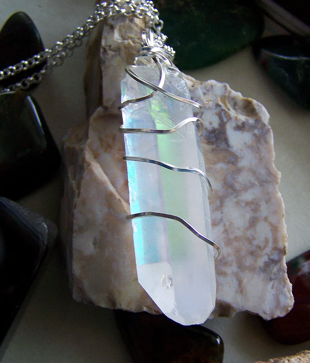 Opal Aura Large Quartz Crystal Point Wire Wrapped Pendant Necklace