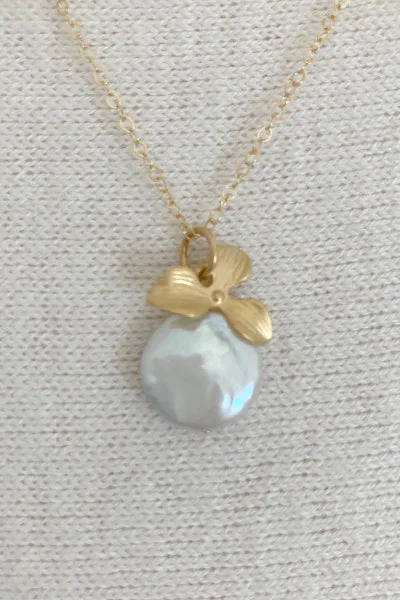 Orchid Pearl Necklace | Freshwater Coin Pearl & Gold Orchid Pendant | By Pearly Girls