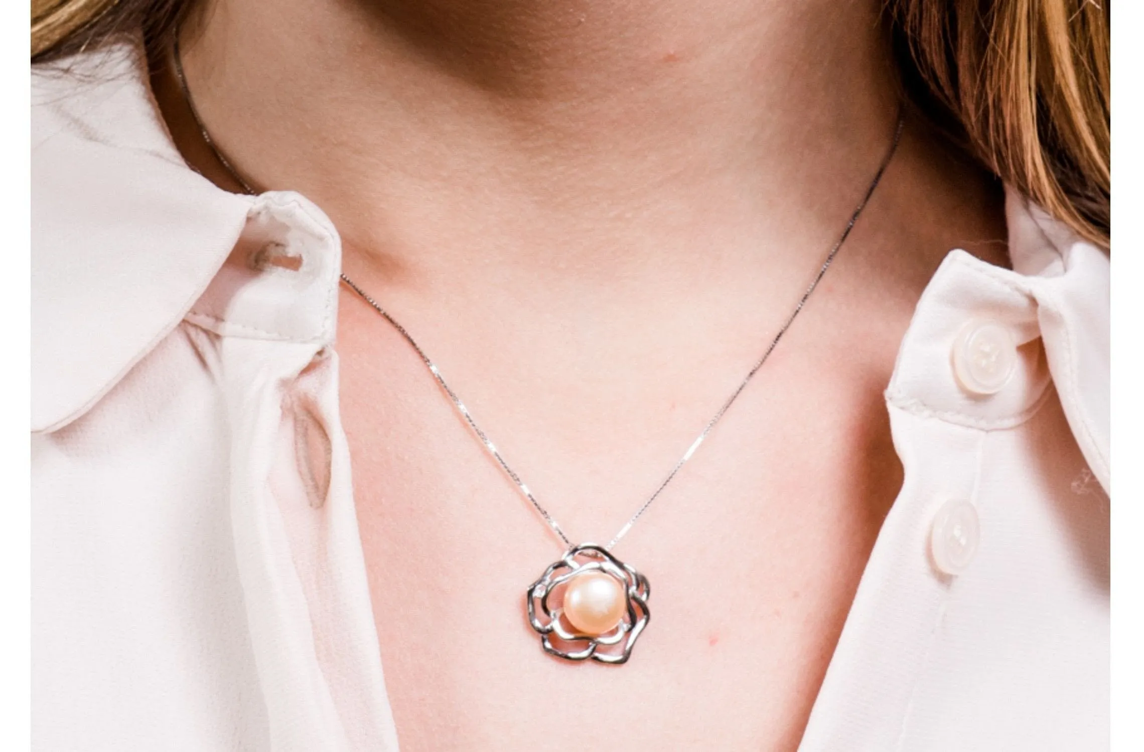 Peach Freshwater Pearl Pendant and Sterling Silver (925) Chain Necklace 9mm