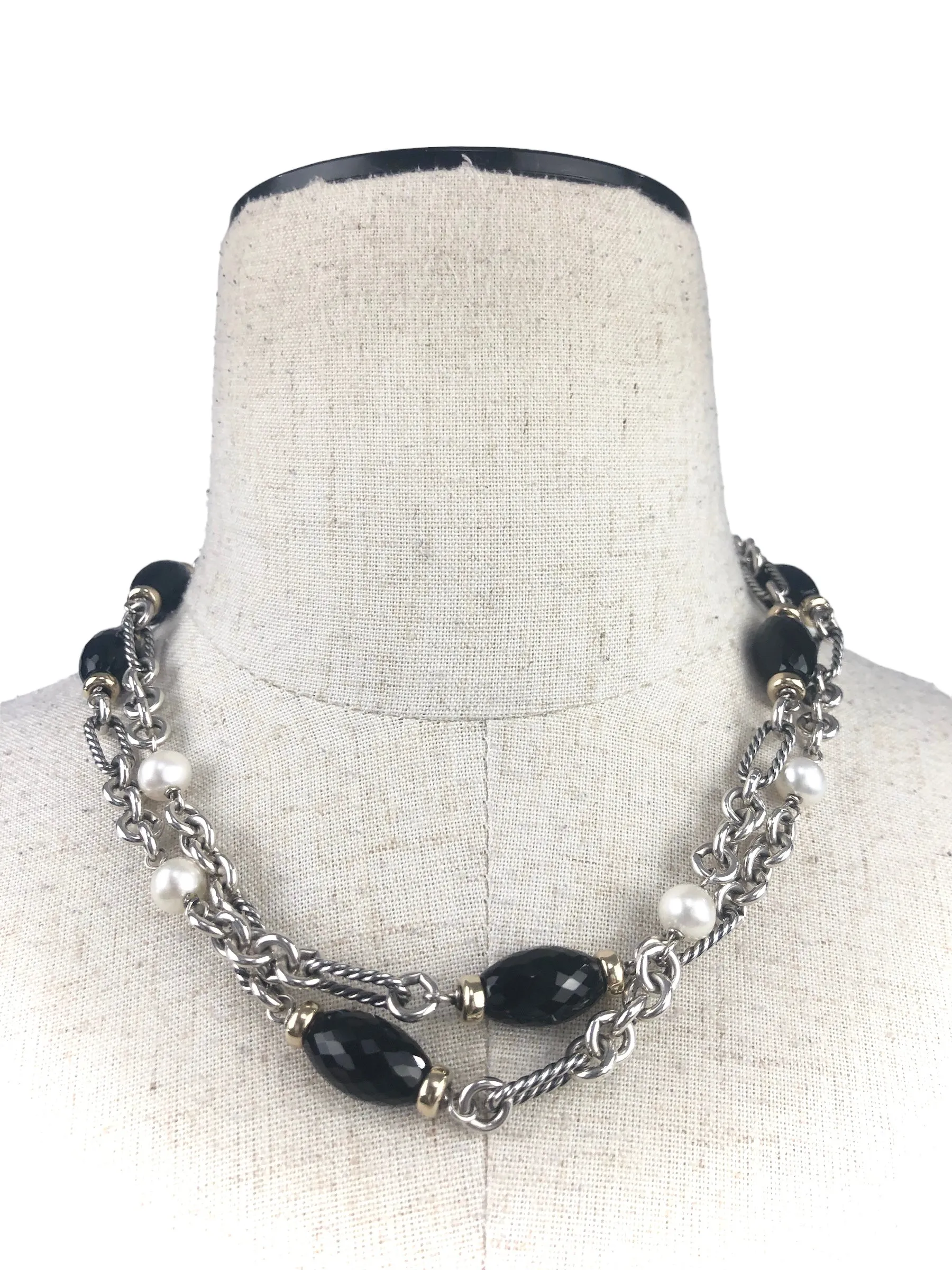 Pearl and Onyx Figaro Station Necklace