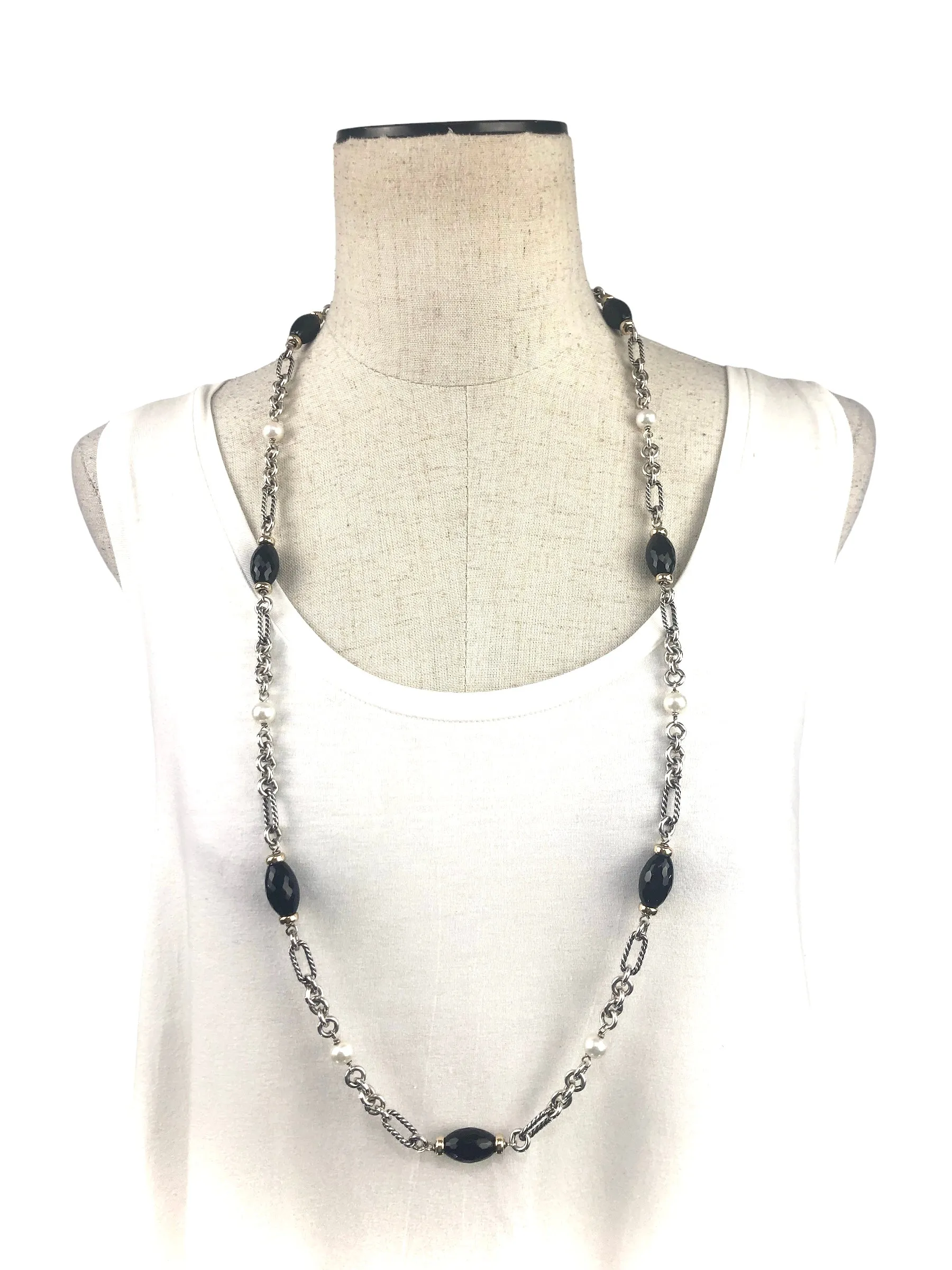 Pearl and Onyx Figaro Station Necklace