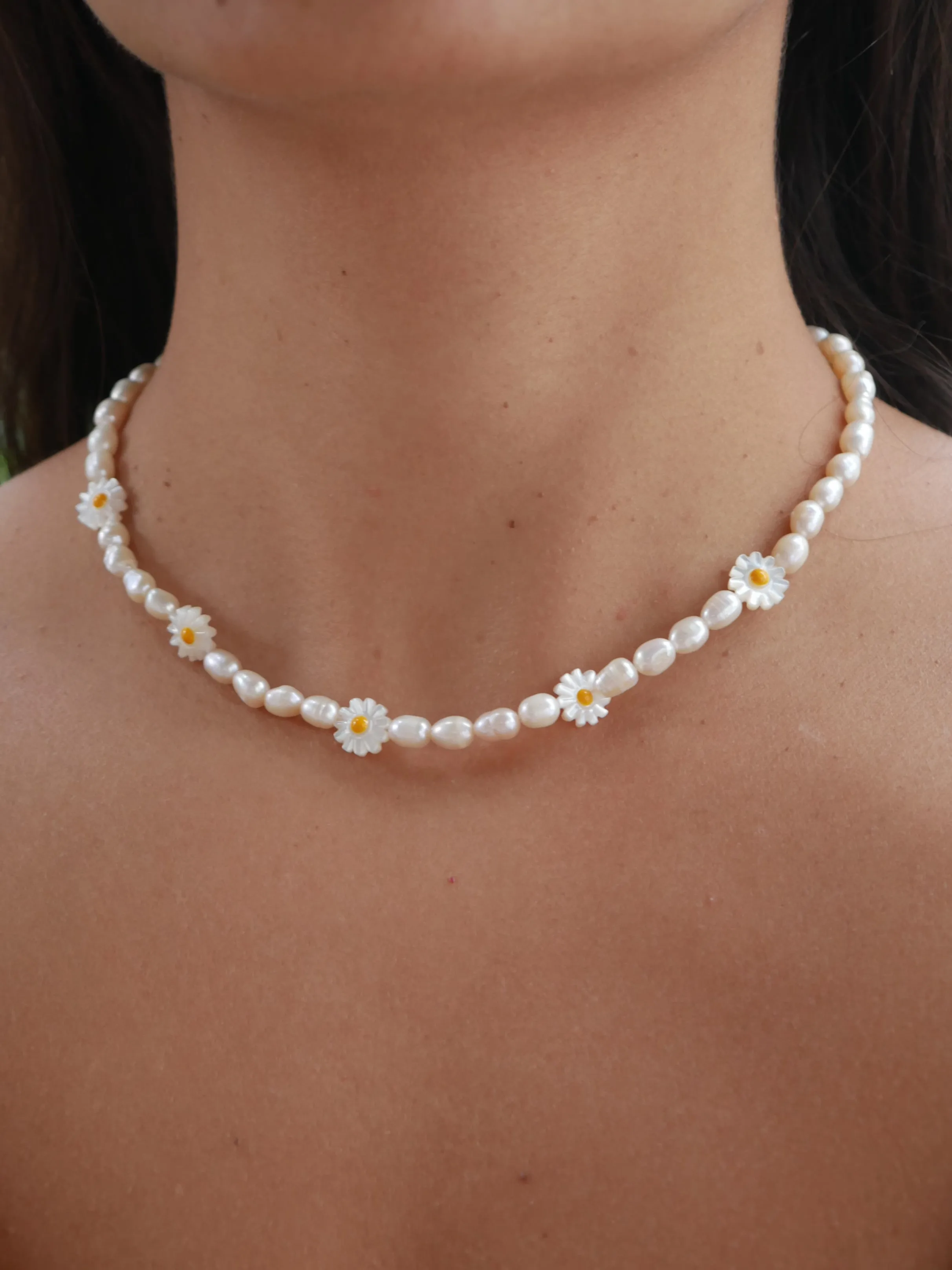 Pearl Necklace with Flowers 925 Sterling Silver Hippie Boho Style Women's Fine Jewelry