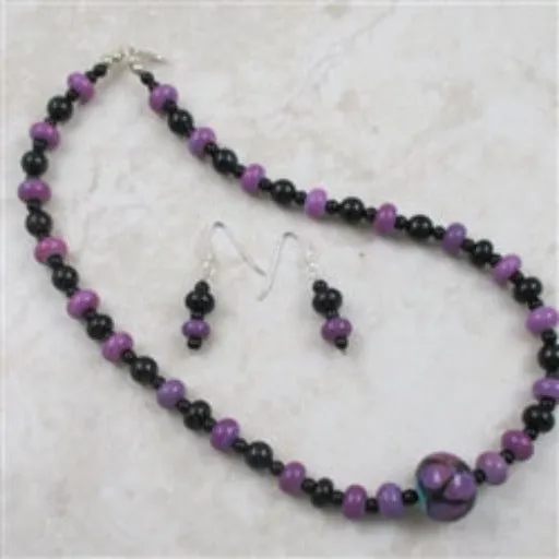 Purple and Black Handmade Artisan Bead Necklace & Earrings