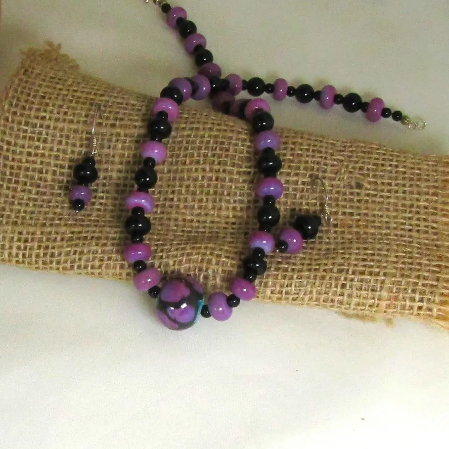 Purple and Black Handmade Artisan Bead Necklace & Earrings