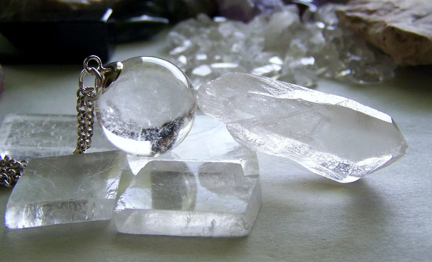 Quartz Crystal Ball Pendant Necklace   Quartz Point - Crystal Web Combo