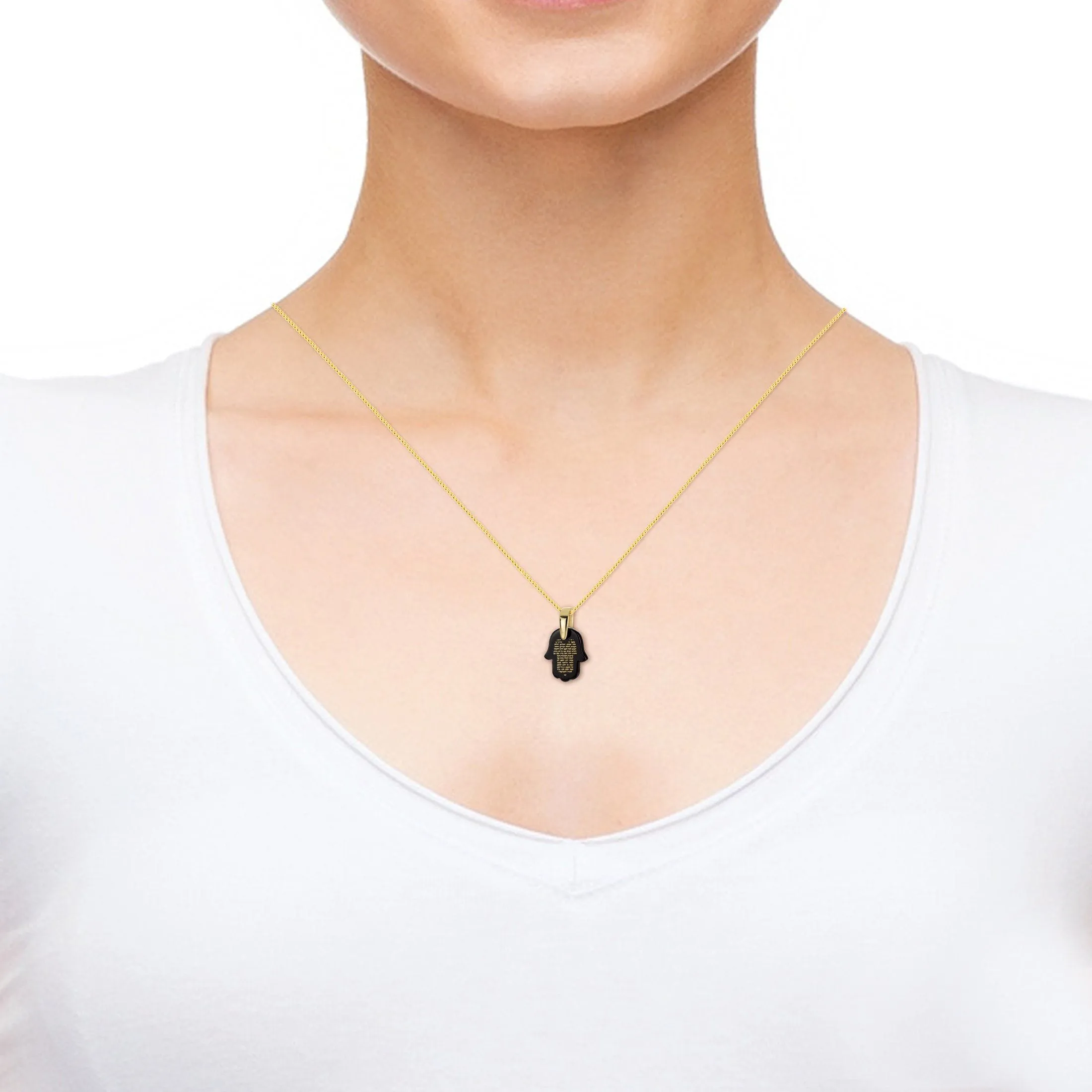 "Traveler's Prayer" in Hebrew, 14k Gold Necklace, Onyx