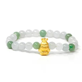 RealJade® "Frog Prince" Genuine High-quality Jade Jadeite Bracelet Bangle with 24k Yellow Gold Frog Charm #420