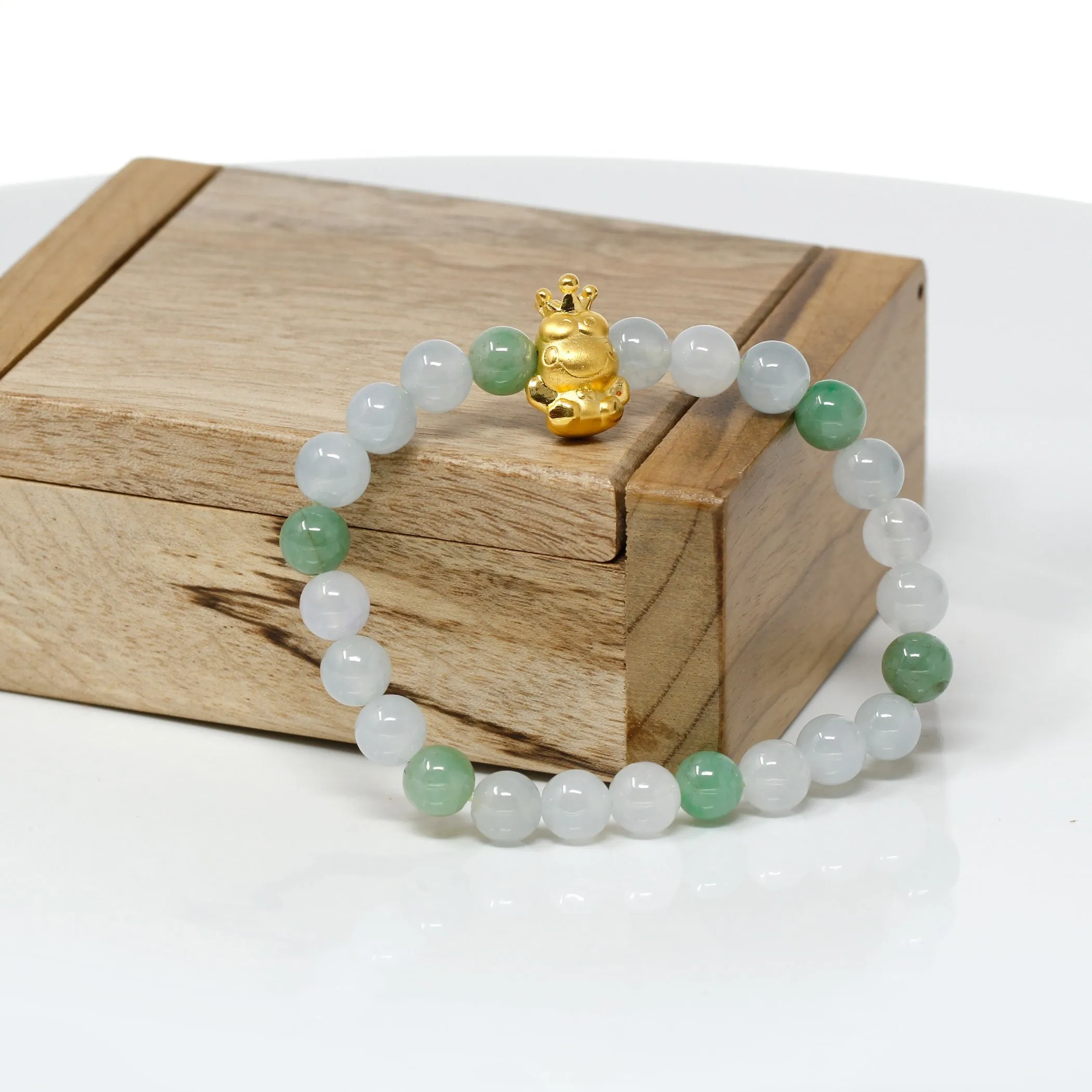 RealJade® "Frog Prince" Genuine High-quality Jade Jadeite Bracelet Bangle with 24k Yellow Gold Frog Charm #420