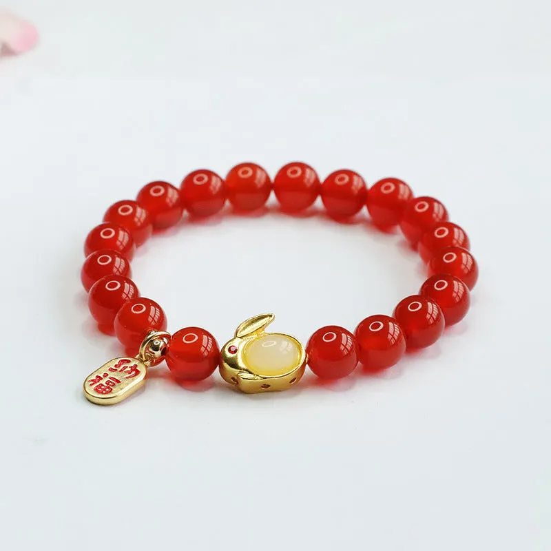 Red Agate and Jade Rabbit Bracelet by Planderful Collection