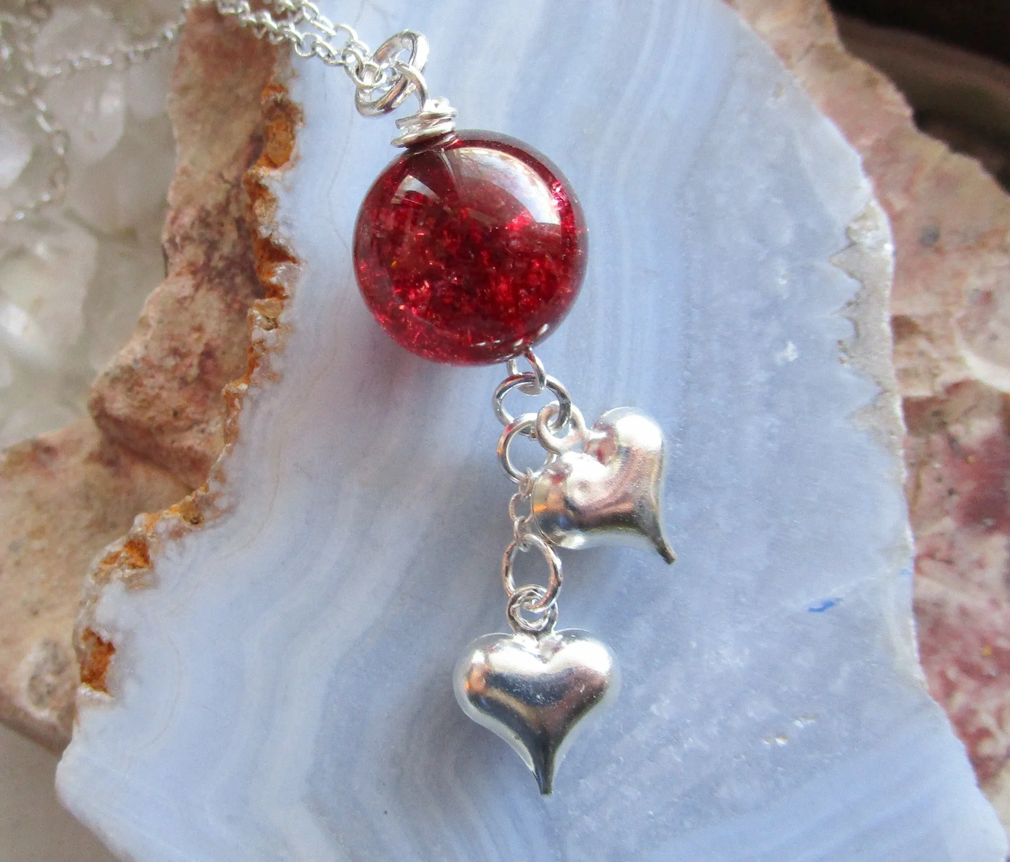 Red Mystic Quartz Crystal Ball Silver Hearts Pendant Necklace