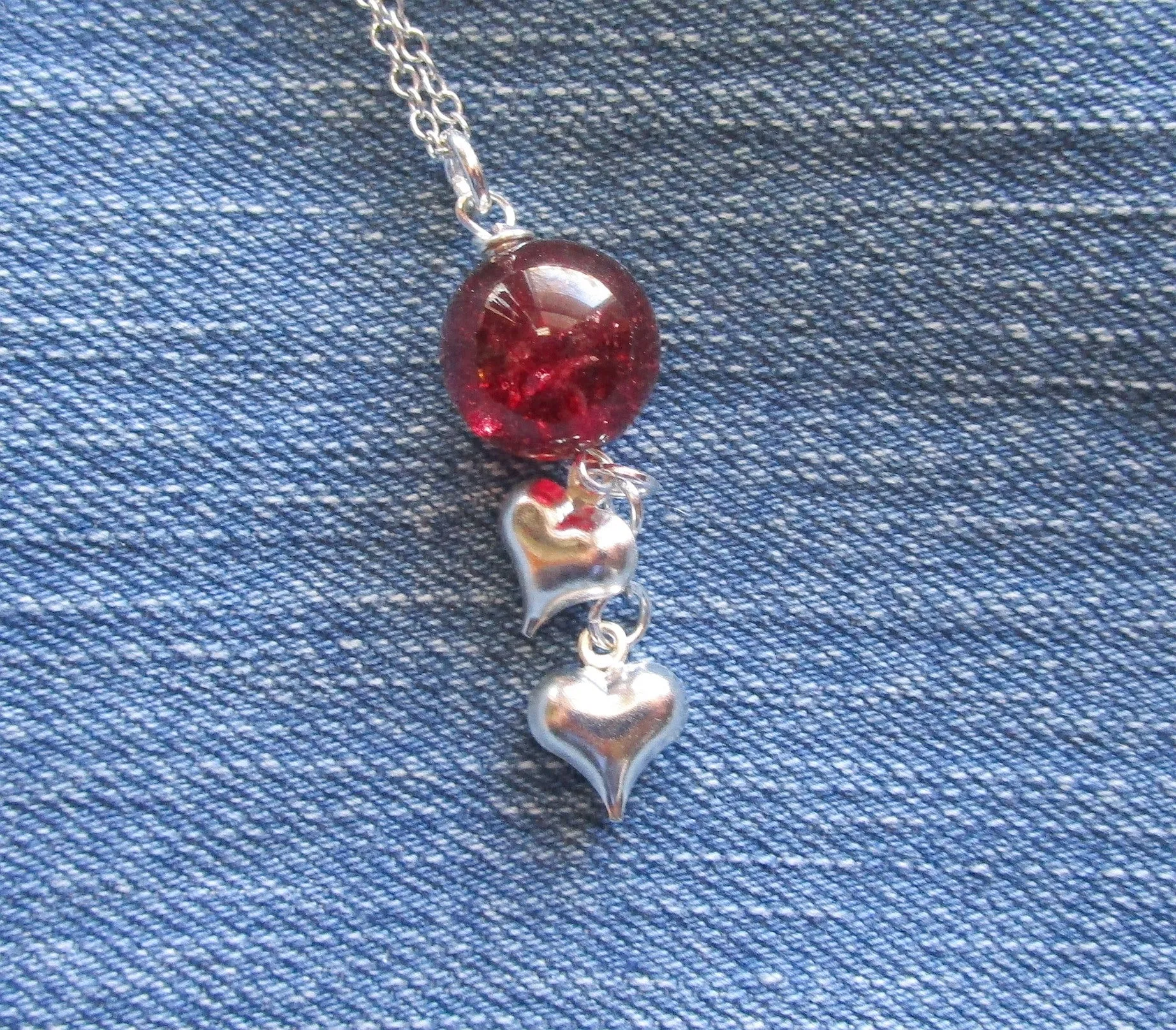 Red Mystic Quartz Crystal Ball Silver Hearts Pendant Necklace