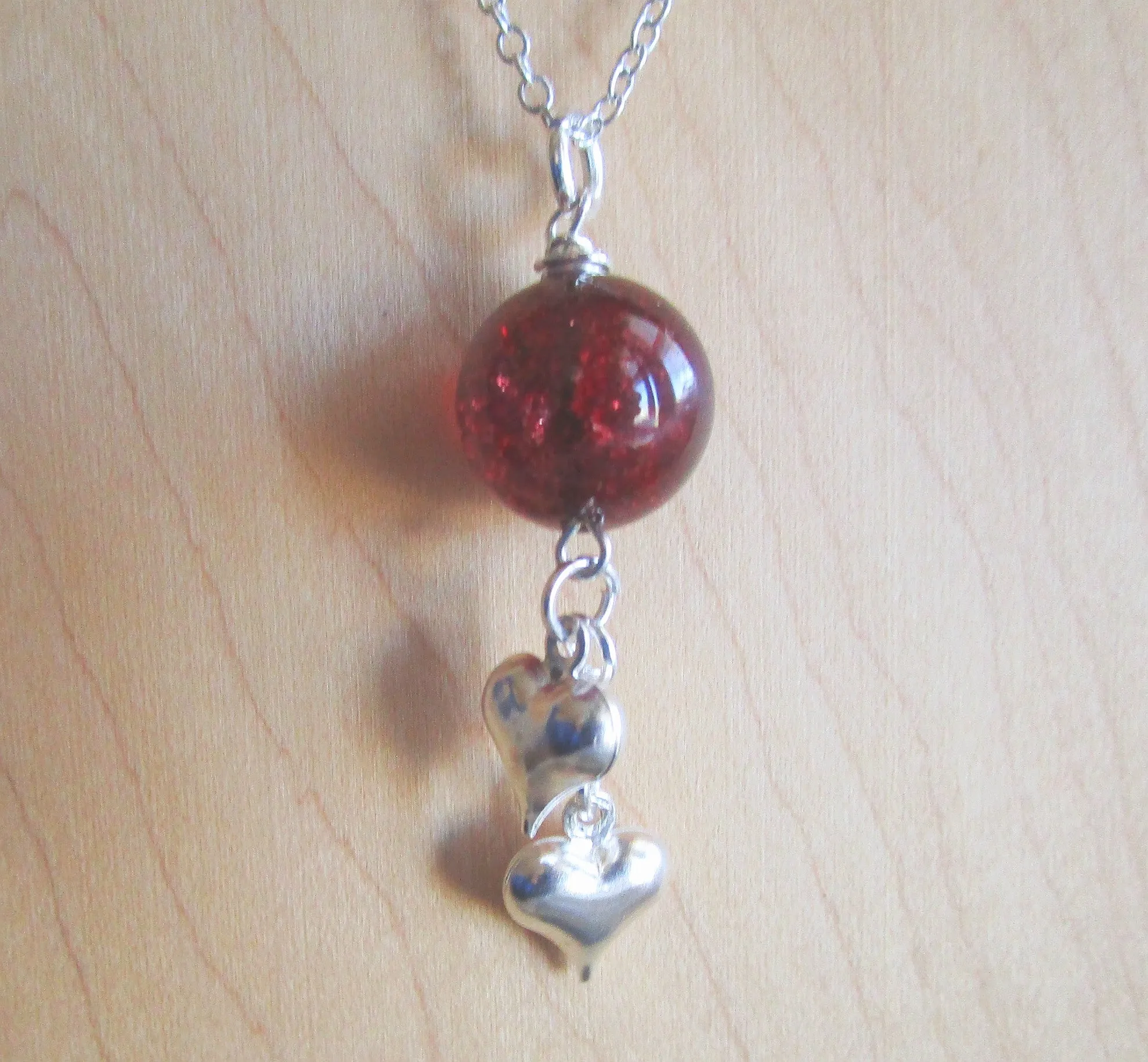 Red Mystic Quartz Crystal Ball Silver Hearts Pendant Necklace