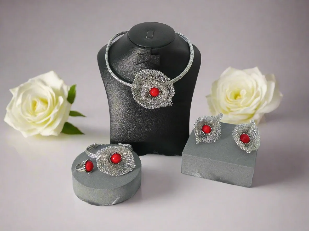 Red Silver Mesh Silver Wedding Party Necklace Jewellery Set