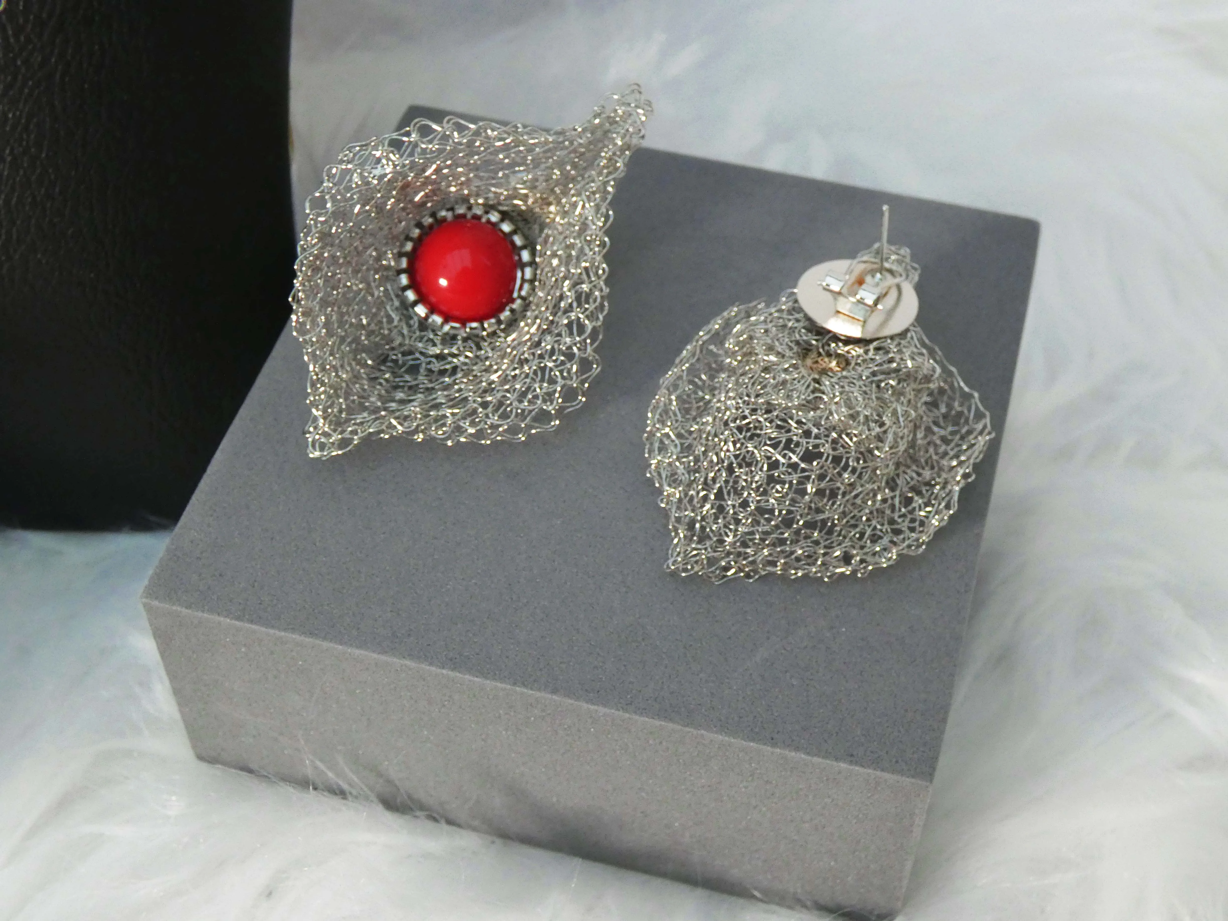 Red Silver Mesh Silver Wedding Party Necklace Jewellery Set