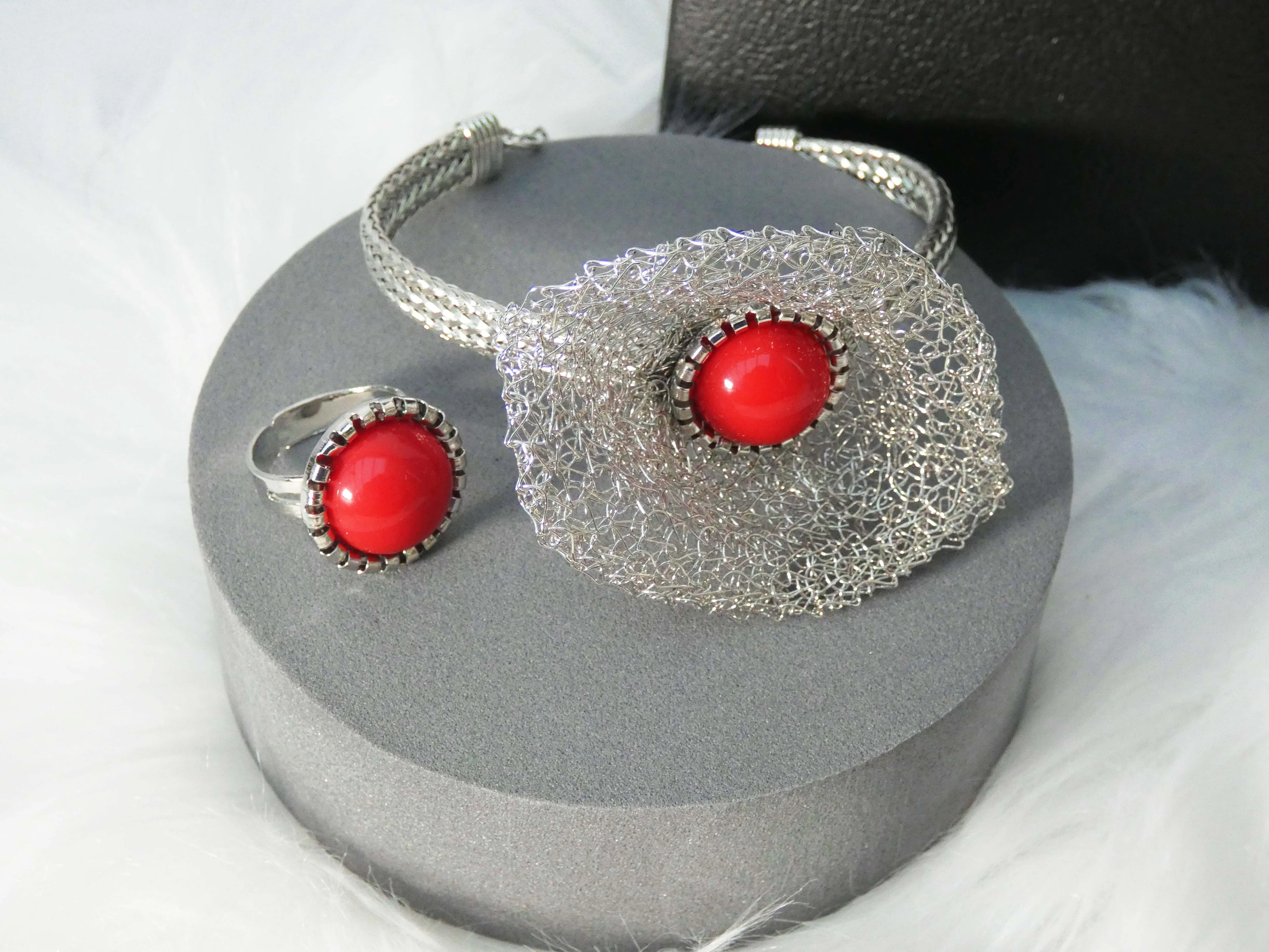 Red Silver Mesh Silver Wedding Party Necklace Jewellery Set