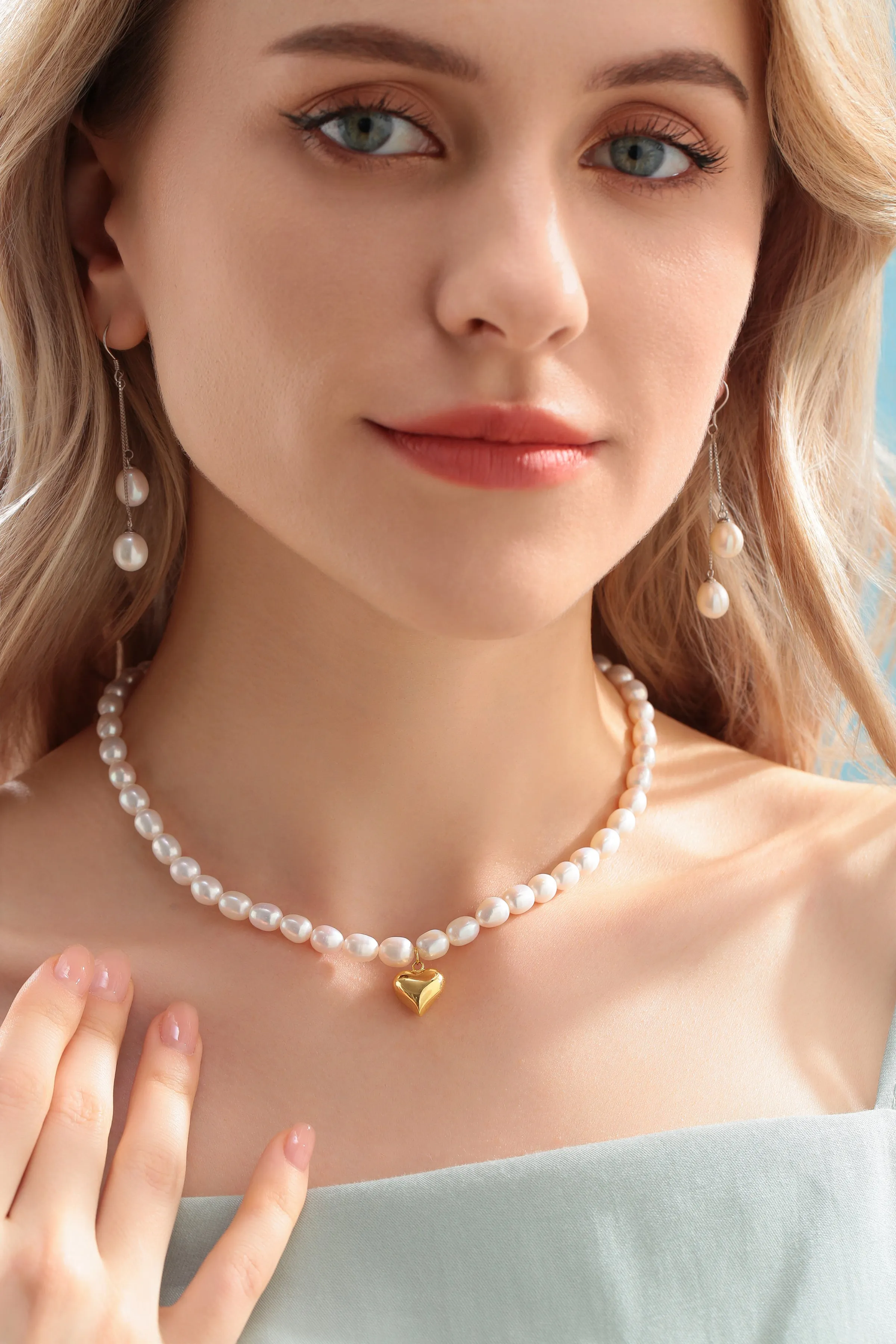 Rice Pearl Necklace with Heart Pendant