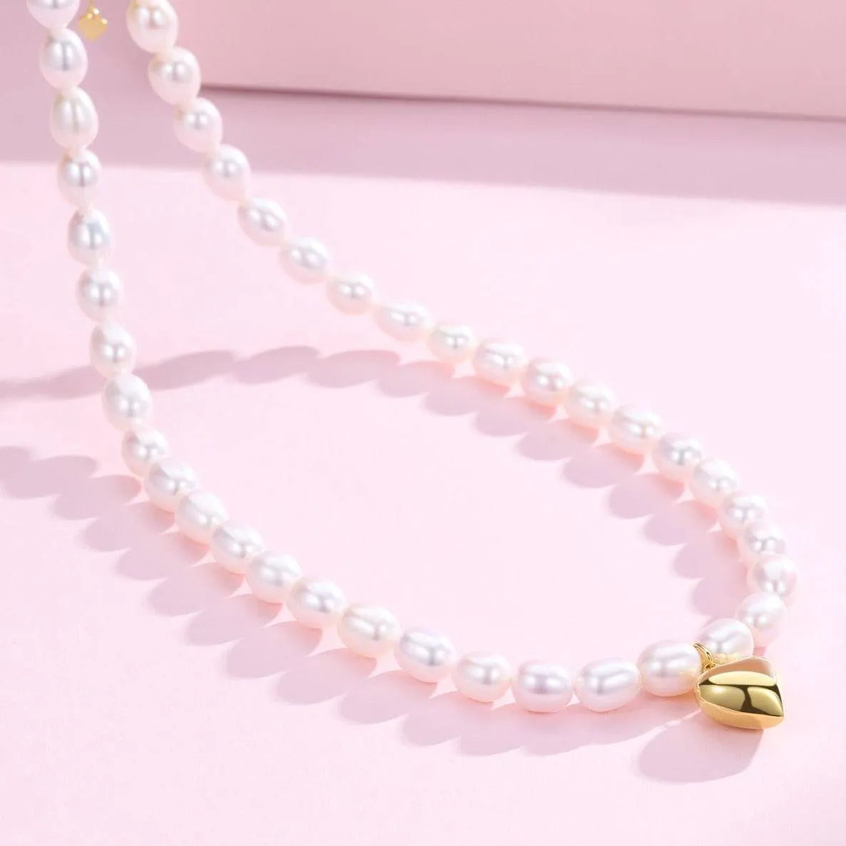 Rice Pearl Necklace with Heart Pendant