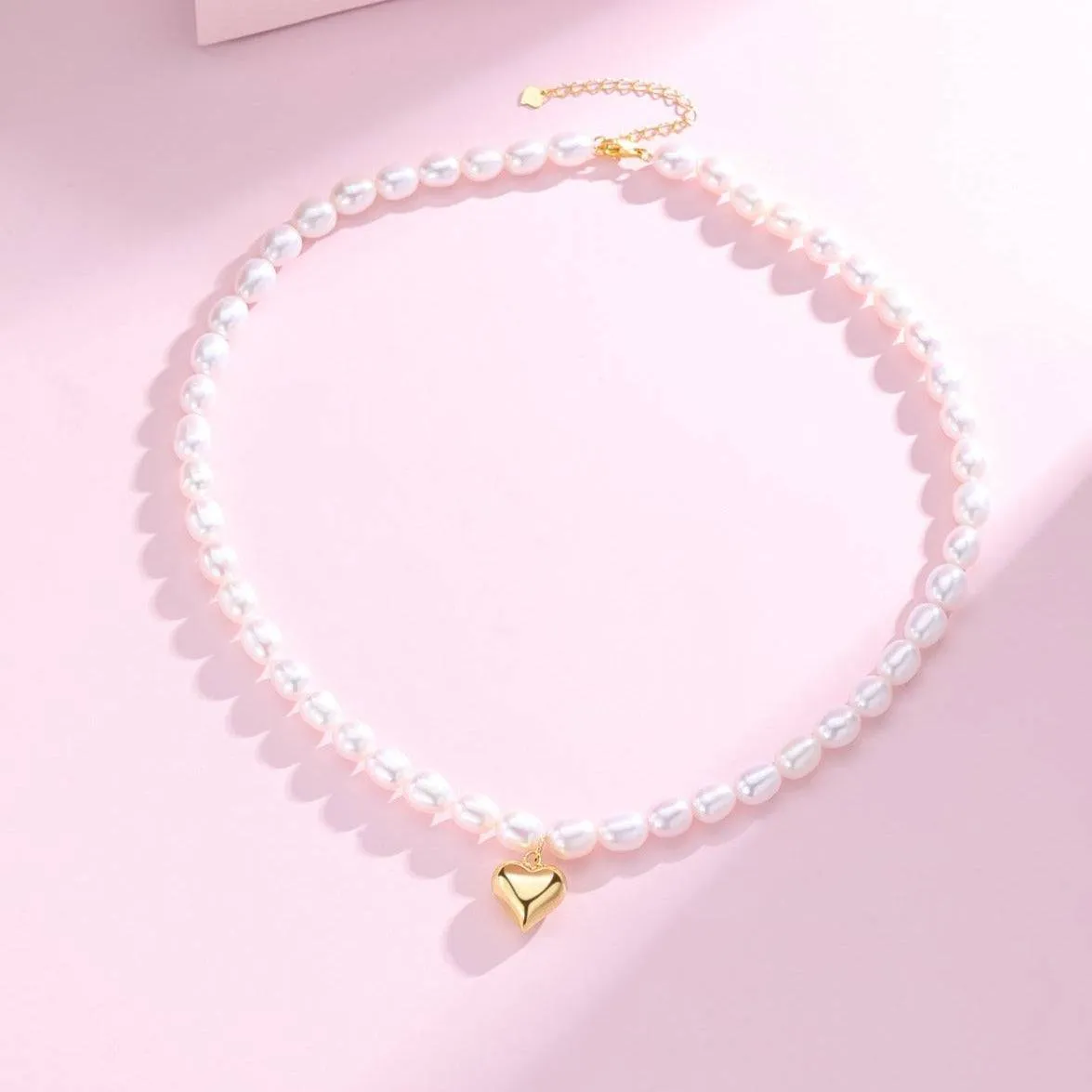 Rice Pearl Necklace with Heart Pendant