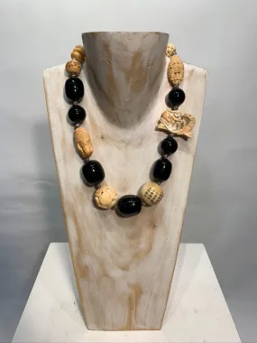 Semi Precious Onyx and Wood One of a Kind Necklace Made in California.