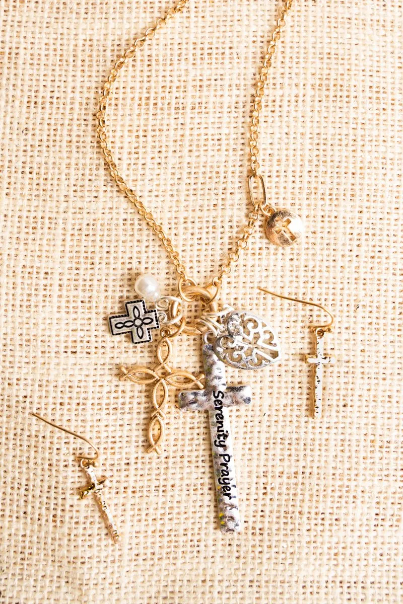 Serenity Prayer Charm Two-Tone Pendant Necklace and Earring Set