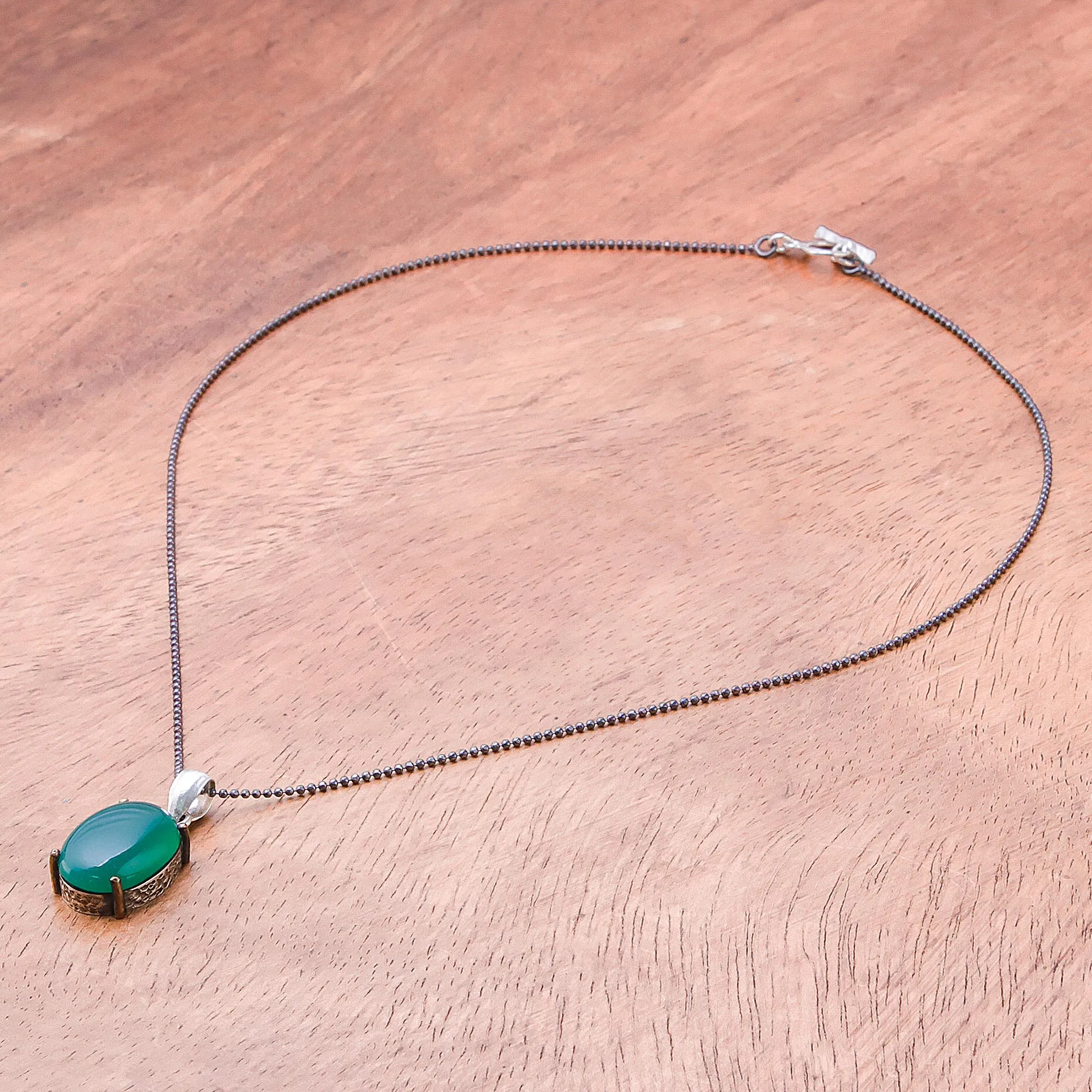 Shamrock Pool Green Onyx Oval and Sterling Silver Pendant Necklace