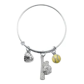 Silver Love Hat and Bat Softball Glove Charm Wire Bangle Bracelet