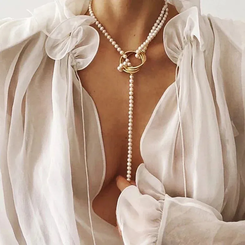 Simulated Pearl Multilayer Shell Knot Chain NEW Vintage Necklace