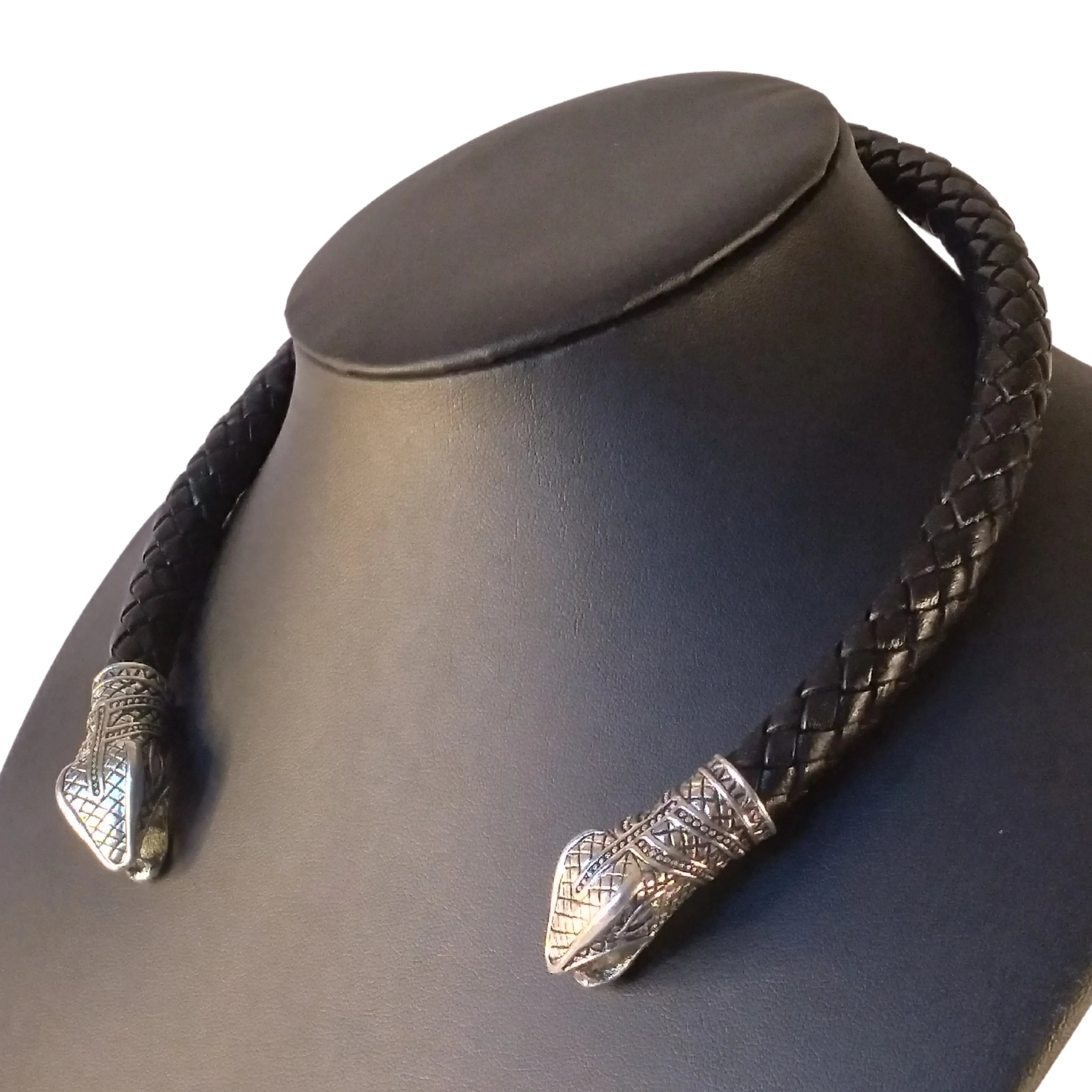 Snake Torc Necklace Silver Black Leather