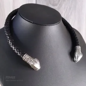 Snake Torc Necklace Silver Black Leather