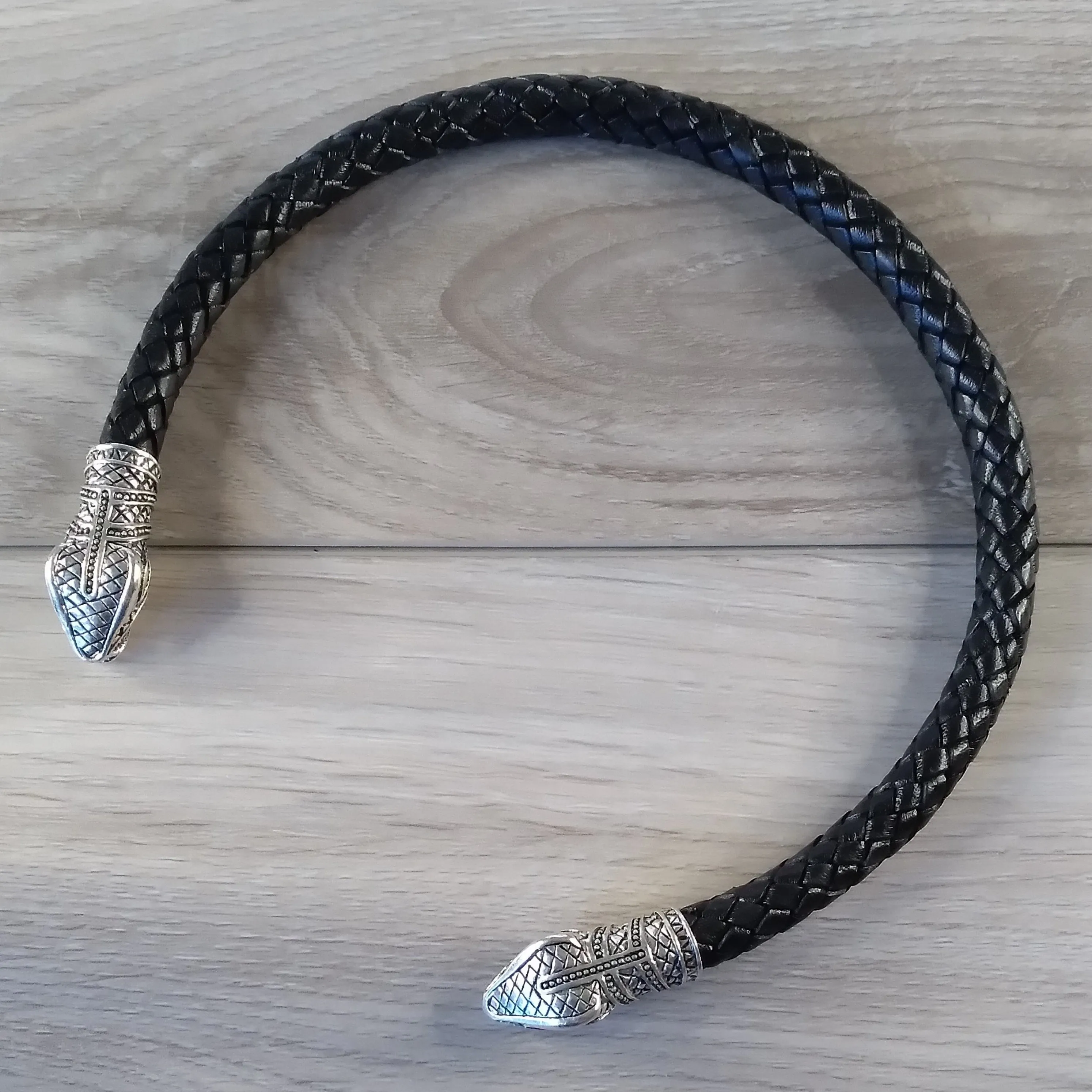 Snake Torc Necklace Silver Black Leather